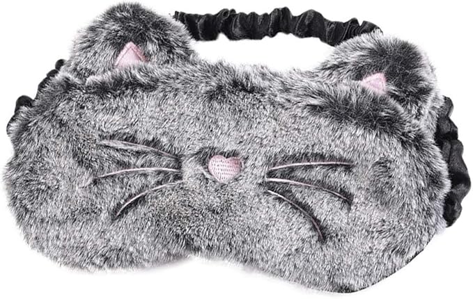 Shinywear Cute Rabbit Sleeping Eye Mask Plush Blindfold Travel Sleep Masks Super Soft Funny Eye Cover for Kids Girls and Adult (Black Grey cat)