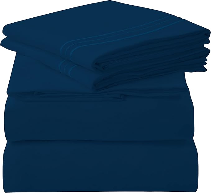 ROYALE LINENS 3 Piece Twin Sheets Set - Soft Brushed 1800 Microfiber Bedding - 1 Fitted and 1 Flat Sheet, 1 Pillow case - Wrinkle Free & Fade Resistant - Hotel Luxury Bed Sheets Set (Navy, Twin)