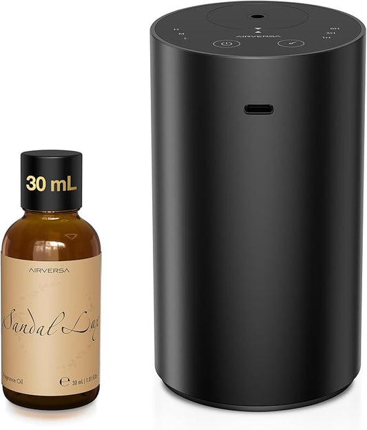 Airversa Waterless Essential Oil Diffuser Starter Kit with 30mL Sandal Lux Fragrance Oil Inspired by Luxury Hotel Scent for Home Car Office, Aroma Air Diffuser, Baterry Operated, ADX-Kit Metal Black