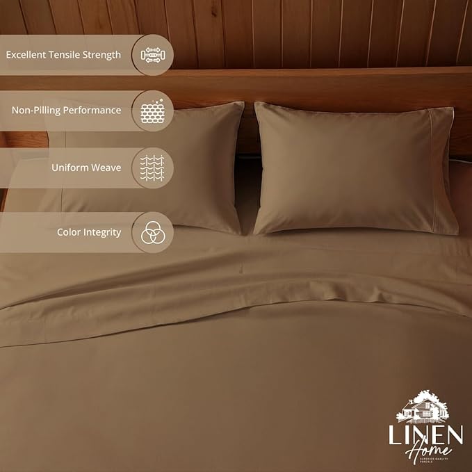 Linen Home 100% Cotton Percale Sheets Queen Size, Earthy Brown, Deep Pocket, 4 Pieces Set - 1 Flat, 1 Deep Pocket Fitted Sheet and 2 Pillowcases, Crisp Cool and Strong Bed Linen