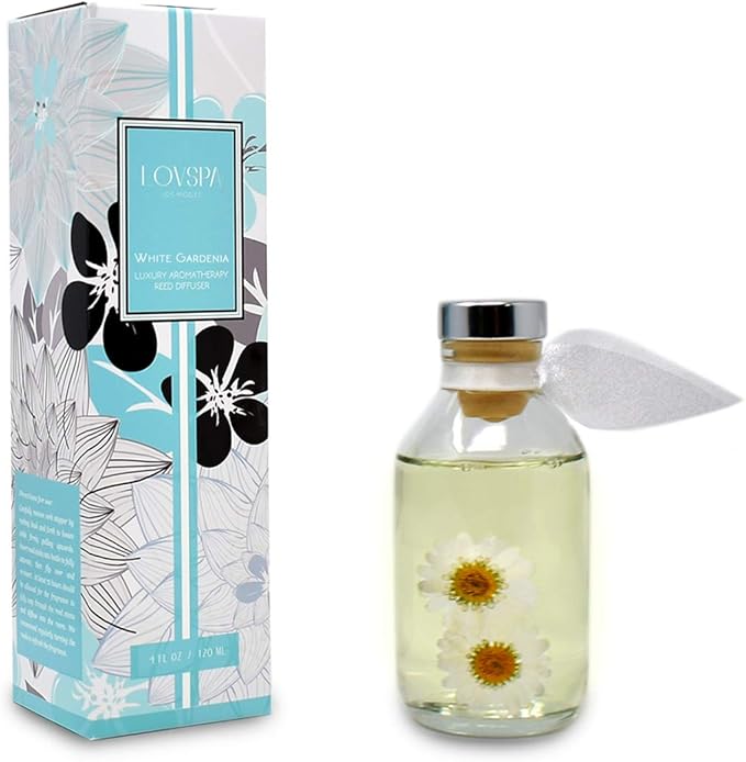 Reed Diffuser Set, White Gardenia Scented Oil Diffuser with Sticks, Home Fragrance Accessories for Bathroom Shelf Decor, Aroma Diffusers for Home or Office Desk, USA Made