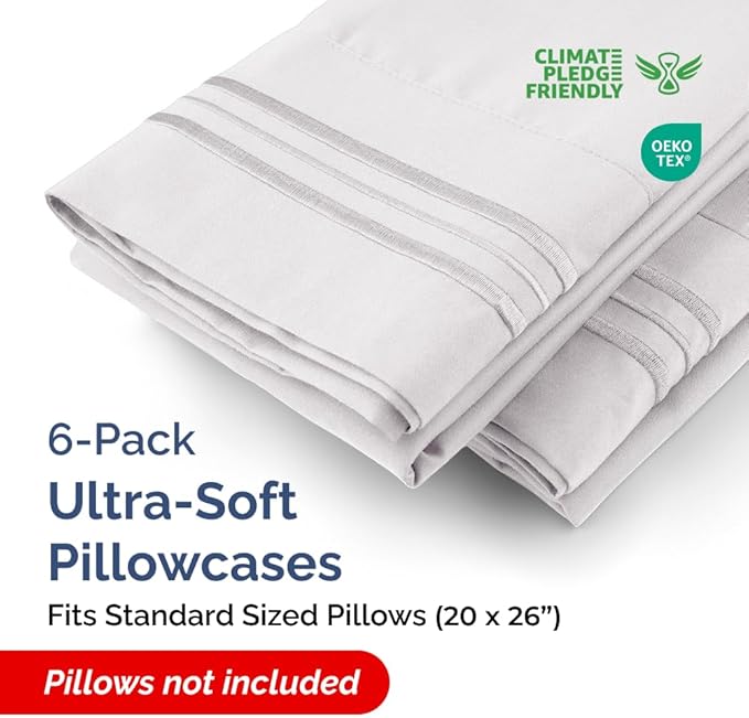 Standard Pillow Cases Set of 6 - Ultra Soft Hotel Quality Pillowcase Covers - Comfy & Wrinkle Free - Shrink, Stain and Fade Resistant - Machine Washable Pillow Protectors - 6 Piece Set - French Grey