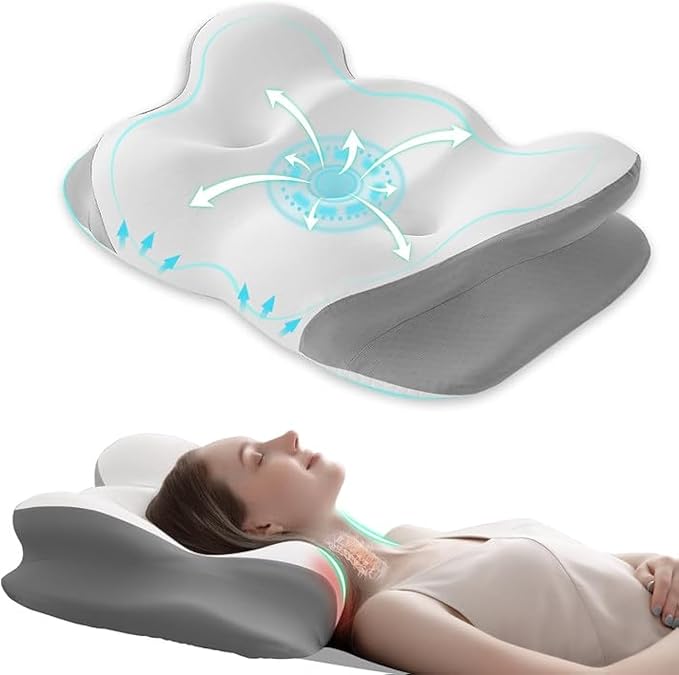 FUNCCUBE Cervical Neck Pillow - Memory Foam Pillows for Pain Relief Sleeping with Cooling Pillowcase, Ergonomic Contour Odorless Bed Pillow for Back Side Shoulder Stomach Sleeper, Queen White