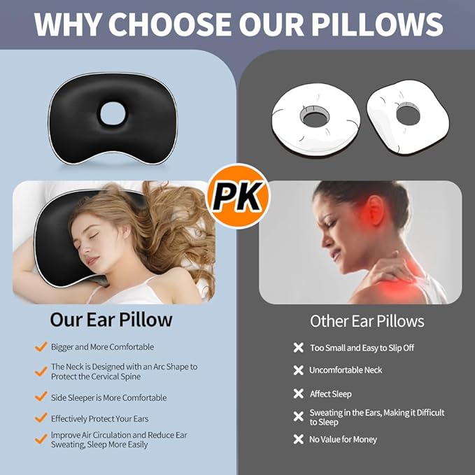Ear Piercing Pillow with Hole for Side Sleepers for CNH and Ear Pain Inflammation Pressure Sores, Cotton and Polyester Adjustable Filling and Washable Ear Guard Pillow (Light Black Silk)