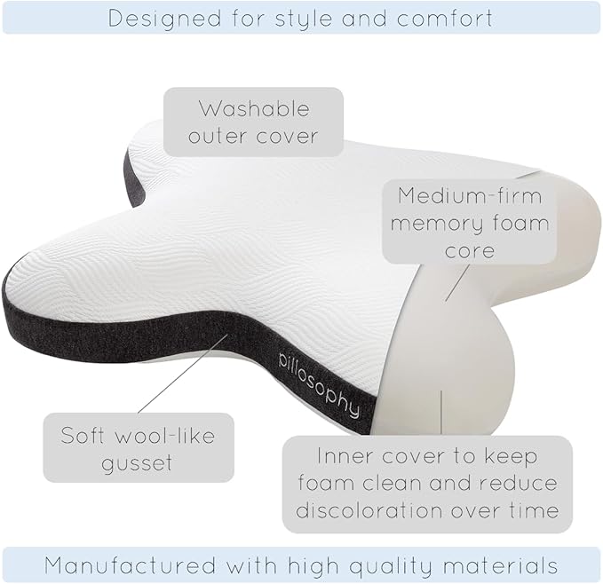 pillosophy SleepTheory Pillow • Butterfly Shape • Memory Foam Core • Contoured for Neck & Shoulder Alignment • Washable Cover • Medium Firmness • Perfect as Bed or Throw Pillow (Standard Size)