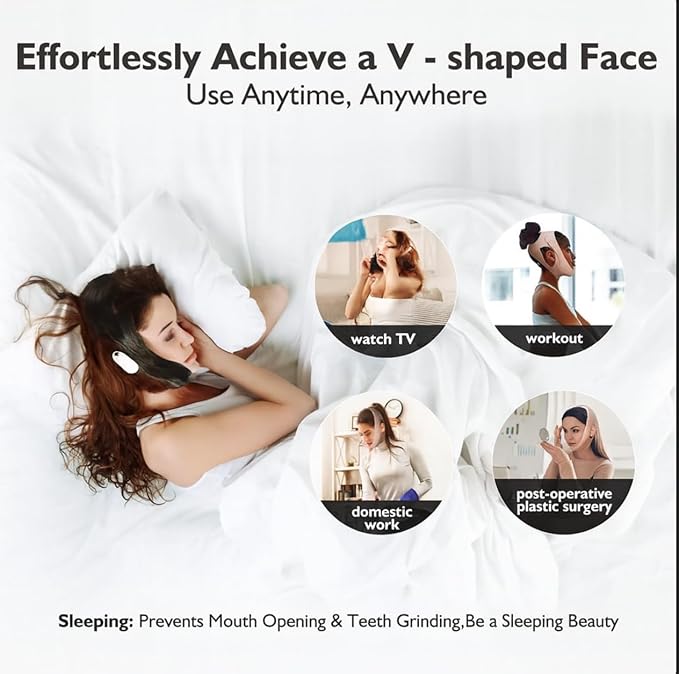Jawline Shaper Chin Strap for Sleeping, Reusable V-Line Mask for Women Face Lifting Made w/Electric-Hot-Press Tech for Skin-Friendly & Breathable Cooling Fabric (Black, One Size)