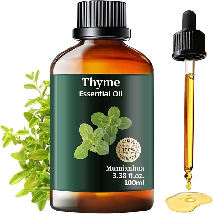 Thyme Essential Oil, Pure Thyme Oil Mumianhua Natural Outdoor Shield & Barrier Spray, for Patio, Garden, Camping, Air Purifying Diffuser & Skin 3.38 Fl Oz