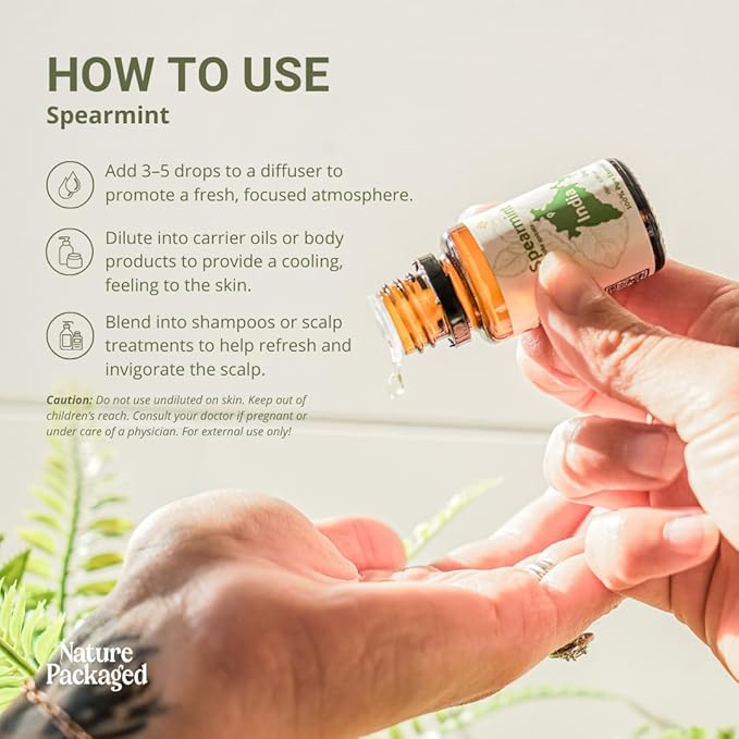 Spearmint Essential Oil - Direct from Essential Oils India - Steam Distilled - Aceite Esencial de Menta Verde for Aromatherapy, Massage, Diffuser, DIY Candle and Soap Making - 8oz