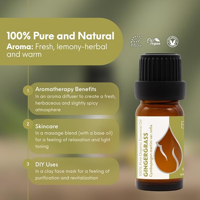Essences Bulgaria Gingergrass Essential Oil 10ml (0.34 Fl Oz) | Cymbopogon Martini | 100% Pure and Natural | Undiluted | Aromatherapy | Cosmetics | Non-GMO | Cruelty-Free