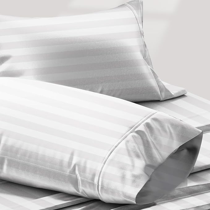 TEXAS LINEN CO. 100% Egyptian Cotton Pillow Cases King Size Set of 2 - Luxury 1200 Series Star Sleepin' Damask Sateen Pillow Covers (White Stripe), Breathable Hotel Pillowcases, Fits King Size Pillows