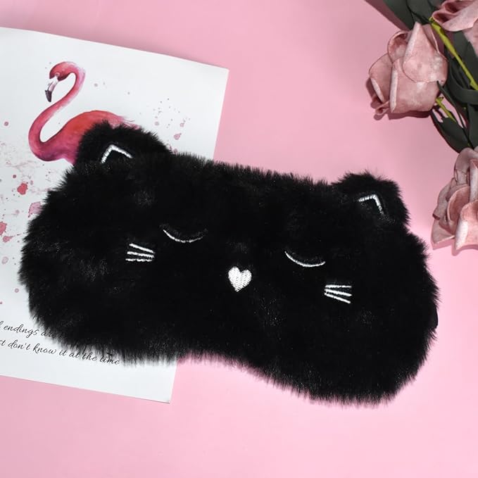 Cute Cat Sleeping Mask Eye Mask Funny Animal Kitten Sleep Mask Soft Plush Blindfold Travel Eye Cover Eyeshade for Kids Adults Girls Boys Women Men (Cat, Black)