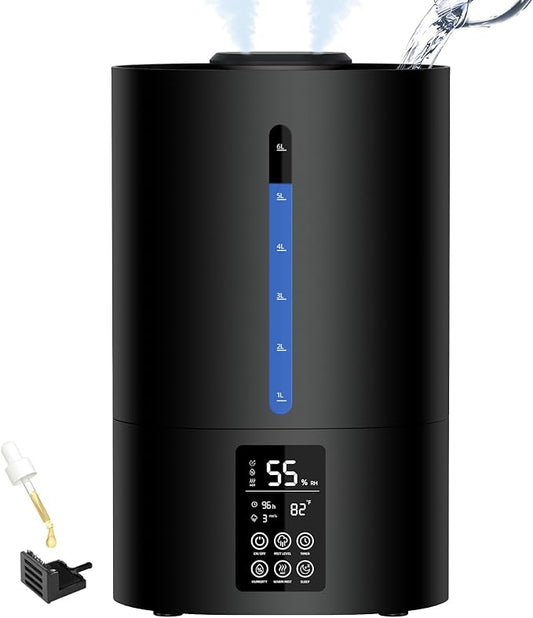 6L Humidifiers for Bedroom Large Room Home, Cool and Warm Humidifier for Plants Mist Top Fill Desk Humidifiers Essential Oil Diffuser, Quiet Humidifier with Adjustable Mist,360°Nozzle-Midnight Black