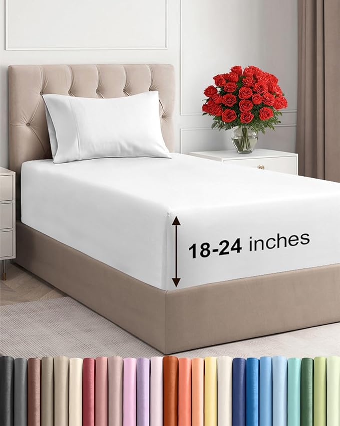 Extra Deep Twin Sheet Set - 3 Piece Breathable & Cooling Bed Sheets - Easily Fits 18 to 24 inch Mattress - Ultra Soft, Wrinkle & Fade Free w/ Extra Deep Pockets - Comfy Hotel Luxury Bedding - White