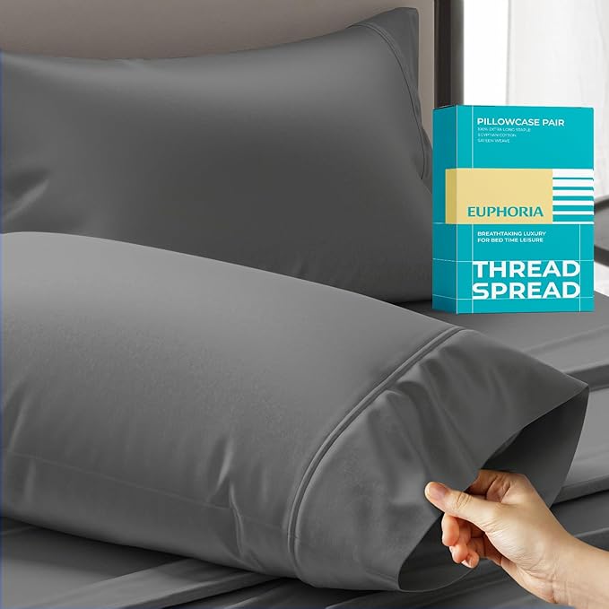 Thread Spread Queen Size Cotton Sateen Pillowcases, Dark Grey, 100% Cotton, 21" W x 32" L