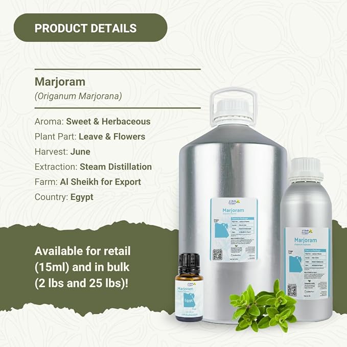 Marjoram Essential Oil - Direct from Al Sheikh for Export Egypt - Steam Distilled - Aceite de Mejorana for Aromatherapy, Massage, Diffuser, DIY Candle and Soap Making - 2lbs