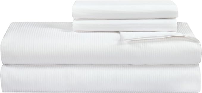 Royale Linens 300 Thread Count 100% Long Staple Combed Cotton Stripe Sheet Set - 4 Piece Queen Bed Sheets - 1 Fitted, 1 Flat & 2 Pillow cases - Soft Cool & Crisp Sheet Set (Queen, Narrow Stripe White)