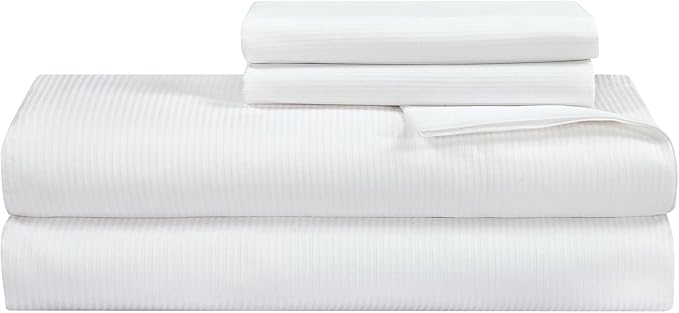 ROYALE LINENS 300 Thread Count 100% Long Staple Combed Cotton Stripe Sheet Set - 4 Piece Full Bed Sheets - 1 Fitted, 1 Flat, 2 Pillow Cases -Soft Cool & Crisp Sheet Set (Full, Narrow Stripe White)