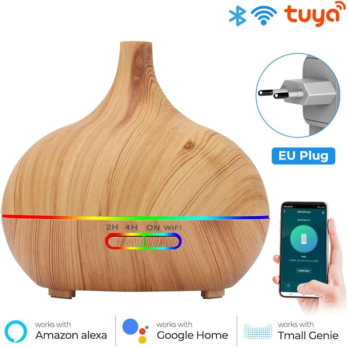 WiFi+Bluetooth Smart Essential Oil Diffuser Compatible with Alexa, Ultrasonic Aromatherapy Diffuser & Mist Humidifier with Voice & APP Remote Control, Schedule & Timer,RGB Light (EU)