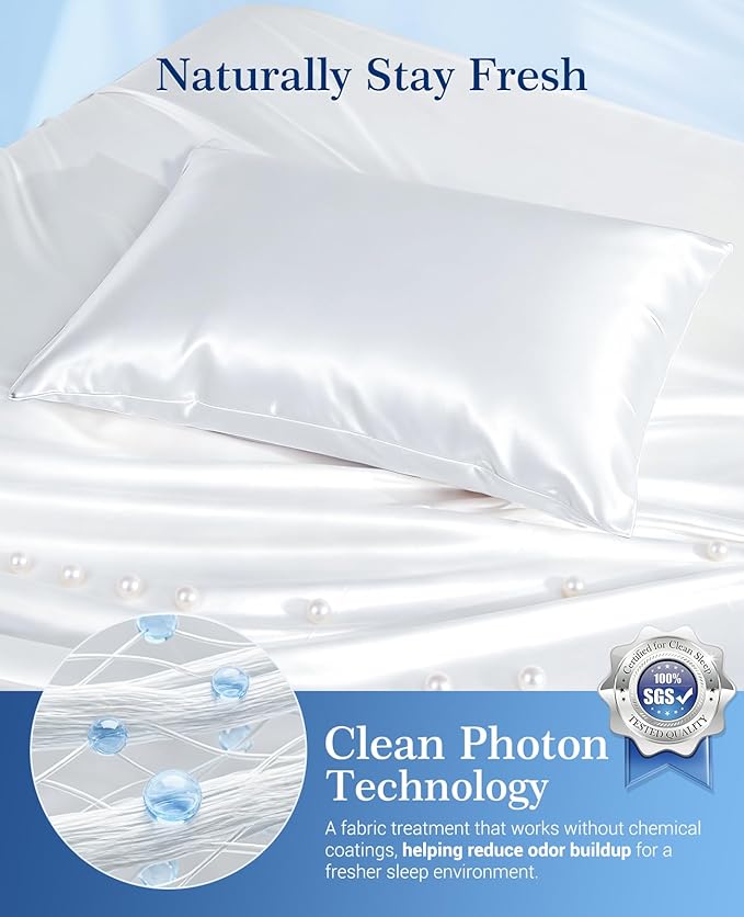Elegear Cooling Pillow Cases Set of 2 for Hot Sleepers, Silky Satin Pillowcase for Hair & Skin, Upgraded Arc-Chill Cooling Satin Pillowcase Q-max>0.5, Luxury Zipper Pillowcase Cover-Standard,White