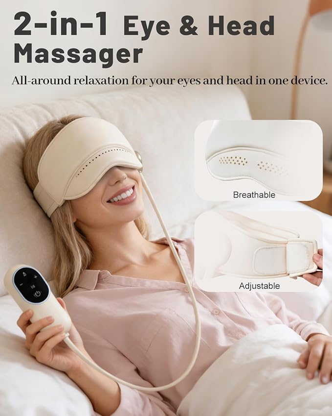 Sleep Mask with Heat,4 Modes 3 Temperature Settings,6 Airbags Compression Head and Eye Massager,Eye Care Device with Remote Control, Portable Relaxation for Home Travel Office Use (Creamy White)