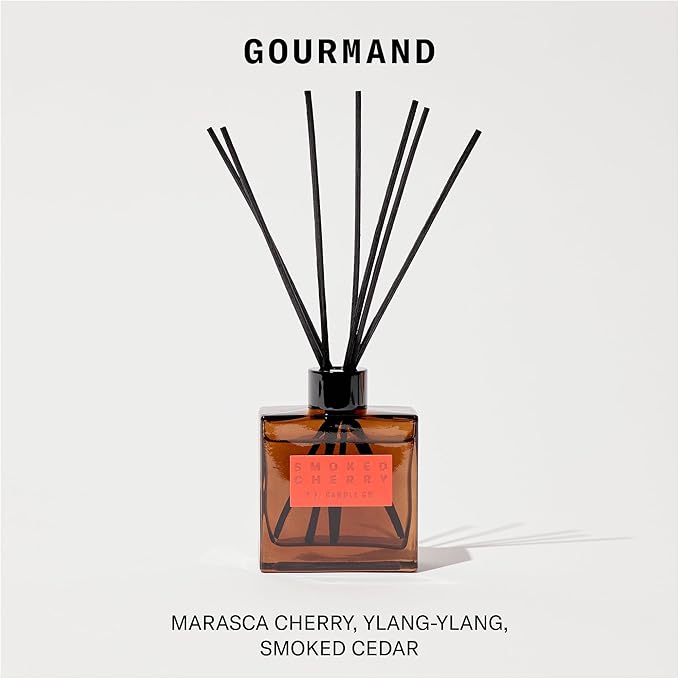 P.F. Candle Co. Smoked Cherry Premium Scented Reed Diffusers (4 fl oz) Luxury Cocoa Brown Glass Jar, Fine Fragrance Oil, Long-Lasting Flame-Free Scent