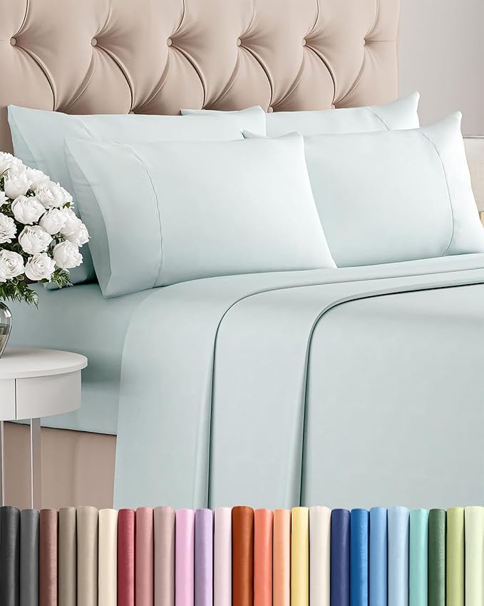 Cal King 6 Piece Sheet Set - Comfy Breathable & Cooling - Hotel Luxury Bedding for Women, Men, Kids, Teens & Children - 1 Flat & 1 Fitted Sheet & 4 Pillowcases w/ Deep Pockets, Wrinkle Free - Ice Blue