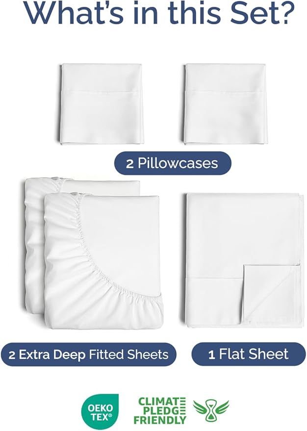 Extra Deep Split King Sheet Set - 5 Piece Breathable & Cooling Bed Sheets - Easily Fits 18 to 24 inch Mattress - Ultra Soft, Wrinkle & Fade Free w/ Extra Deep Pockets - Hotel Luxury Bedding - White