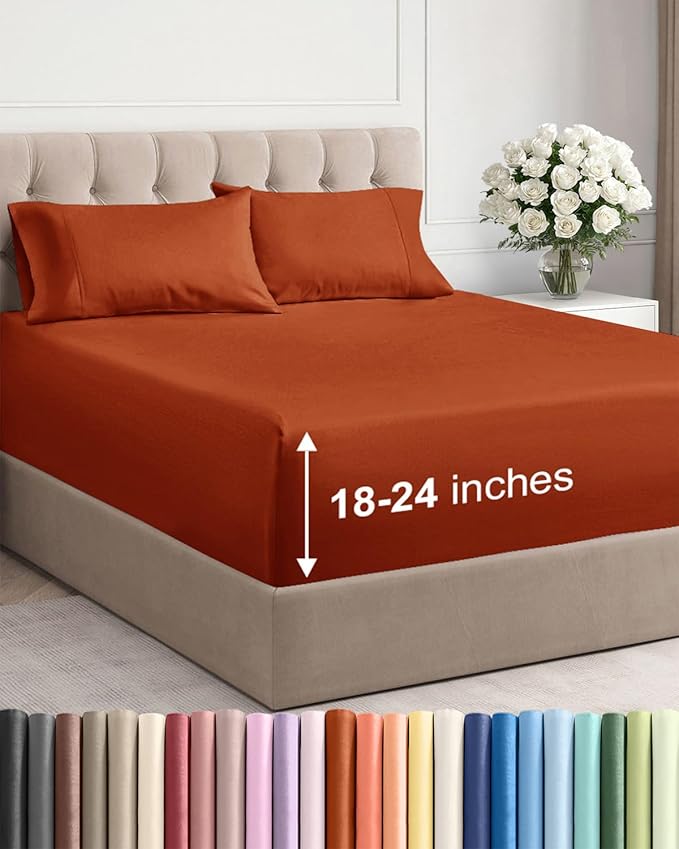 Extra Deep Queen Sheet Set - 4 Piece Breathable & Cooling Bed Sheets - Easily Fits 18 to 24 inch Mattress - Ultra Soft, Wrinkle & Fade Free w/ Extra Deep Pockets - Hotel Luxury Bedding - Terracotta