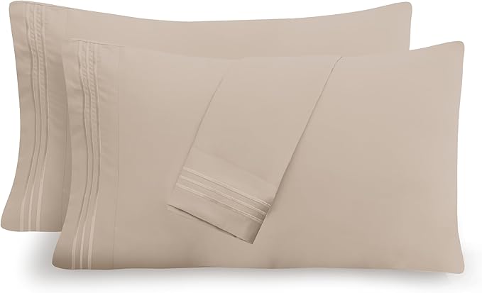 Mocassi 2-Piece Premium King Pillowcase Set 1800 Series Hotel Quality Microfiber - Soft and Breathable with 3-Line Embroidery Wrinkle and Stain Resistant, Easy Care, 20" x 40", Cream