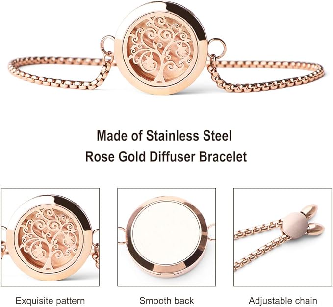 ttstar Essential Oil Diffuser Bracelet Stainless Steel Aromatherapy Locket Adjustable Bracelet Set with 24 Refill Pads in 12 Assorted Colors, Gifts Set for Women(Rose Gold)