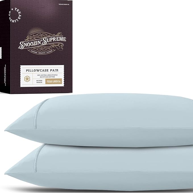 TEXAS LINEN CO. 100% Egyptian Cotton Pillowcases Queen Size Set of 2 - Luxury Snoozin' Supreme Collection 2000 Series Standard/Queen Pillow Cases, Envelope Closure Hotel Pillowcase (Light Blue)