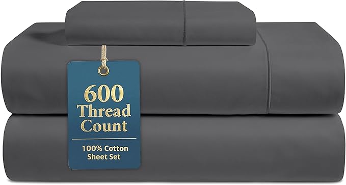LANE LINEN Twin Bed Sheets Set - 600 Thread Count Sateen Weave for Smooth & Silky Feel On Skin - Breathable 100% Cotton Sheets for Single Beds - Fits Mattresses Upto 15'' Deep - Charcoal