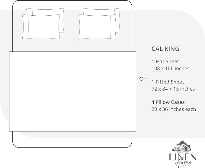 Linen Home 6 Piece California King Sheet Set, 100% Cotton Percale, 4 Pillowcases, Deep Pocket with All Around Elastic Sheet, Crisp Breathable Bedding, Hotel Luxury, Long-Staple Combed Cotton, White