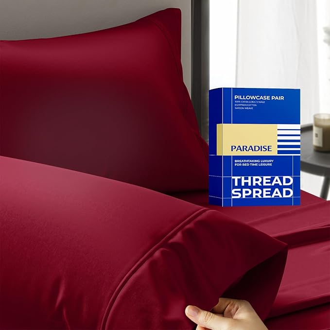 Thread Spread 100% Egyptian Cotton Pillow Cases Queen Size Set of 2 - Luxury 1000 Series Paradise Collection Queen Pillow Cases (Burgundy), Soft Cooling Sateen Hotel Egyptian Cotton Pillowcases