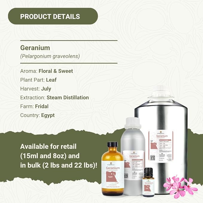 Geranium Essential Oil - Direct from Fridal Egypt - Steam Distilled - Aceite de Geranio for Aromatherapy, Massage, Diffuser, DIY Candle and Soap Making - 2 lbs