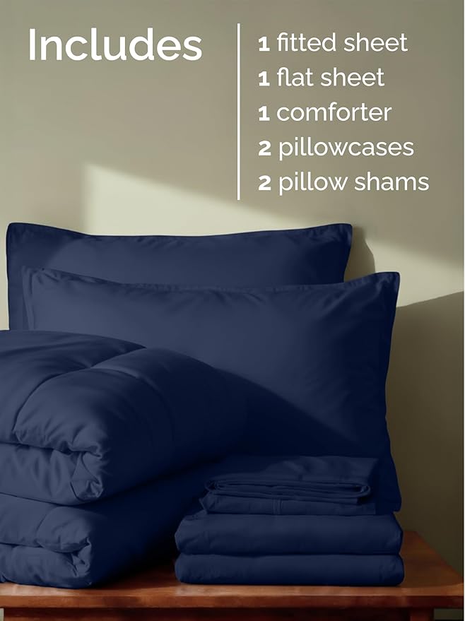 Full Comforter Set - 7 Piece Bed in a Bag Full Size Bed Set - Down Alternative Comforter, Flat Sheet, Fitted Sheet, Pillowcase & Shams for All Seasons - Ultra Soft, Comfy and Breathable - Navy Blue