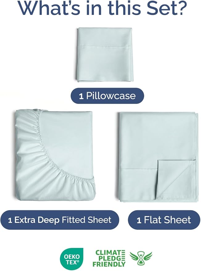 Extra Deep Twin Sheet Set - 3 Piece Breathable & Cooling Bed Sheets - Easily Fits 18 to 24 inch Mattress - Ultra Soft, Wrinkle & Fade Free w/ Extra Deep Pockets - Comfy Hotel Luxury Bedding - Ice Blue