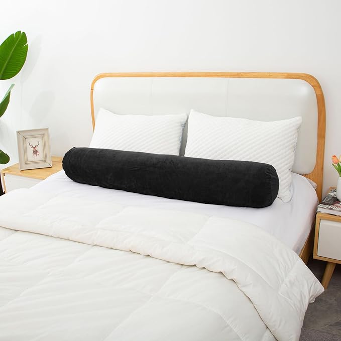1 MIDDLE ONE Round Body Pillow for Adults, Long Bolster Pillow for Bed with Removable Velvet Cover, Decorative Tube Roll Cylinder Pillow, 35 x 7.87 Inch, Black