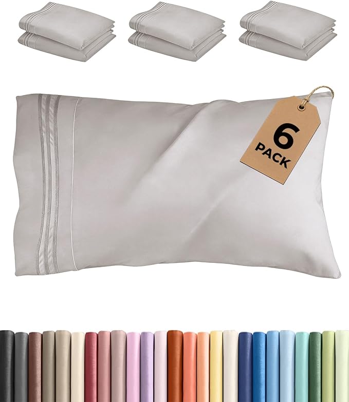 Standard Pillow Cases Set of 6 - Ultra Soft Hotel Quality Pillowcase Covers - Comfy & Wrinkle Free - Shrink, Stain and Fade Resistant - Machine Washable Pillow Protectors - 6 Piece Set - Light Grey