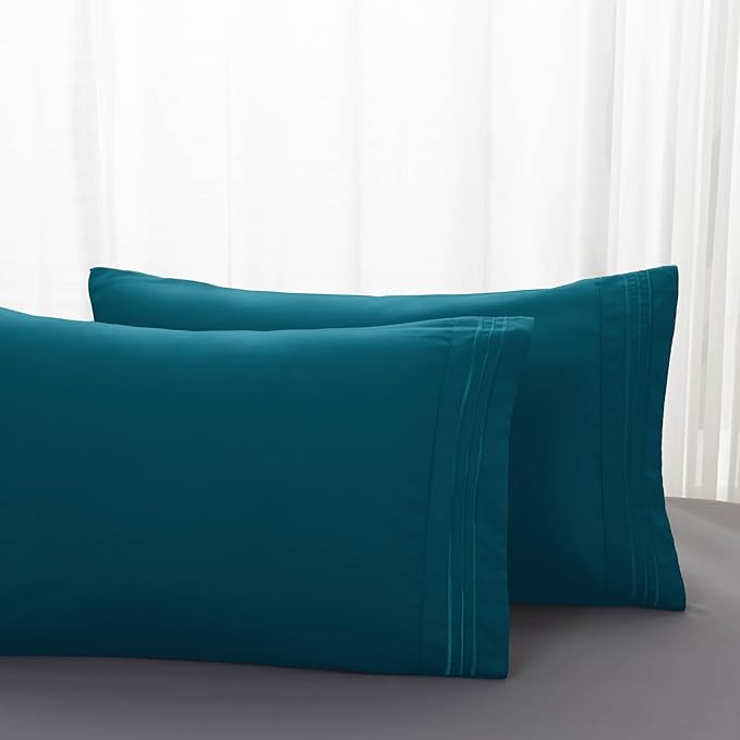 Mocassi 2-Piece Premium King Pillowcase Set 1800 Series Hotel Quality Microfiber - Soft and Breathable with 3-Line Embroidery Wrinkle and Stain Resistant, Easy Care, 20" x 40", Midnight Teal