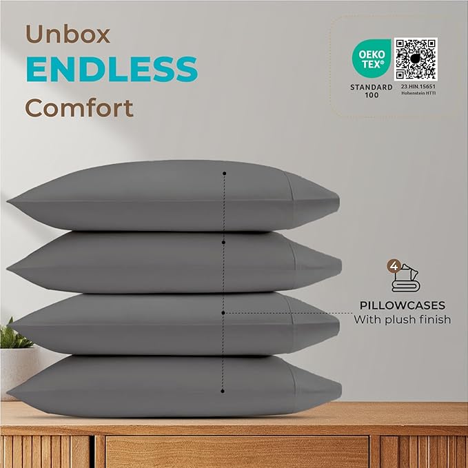 Thread Spread 100% Egyptian Cotton Queen Pillow Cases Set of 4 - Luxury 800 Series Euphoria Collection Queen Pillow Cases (Pack of 2, Dark Grey), Soft Cotton Pillowcases, Fits Standard Pillows