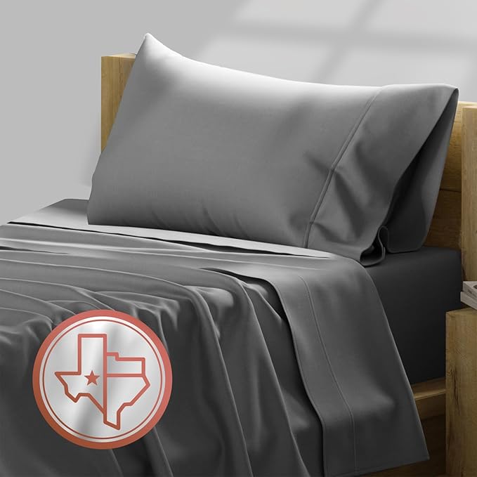 TEXAS LINEN CO. Luxury Egyptian Cotton Twin Size Sheet Set - Texan Talkin' Collection 600 Series 3 PC Deep Pocket Fitted and Flat Sheets, Extra Long Staple Sateen Bedding, Dorm Room Sheets - Dark Grey