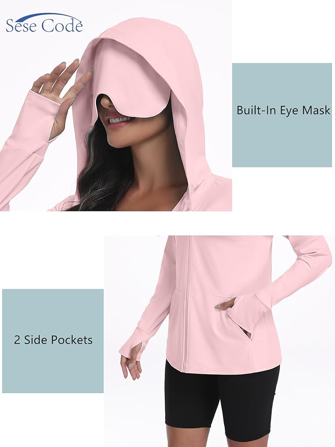 SeSe Code UPF 50+ Hoodie With Eye Mask Womens Zip Up Travel Jackets Sleep Sun Protection Shirts Pockets Outdoor Nap