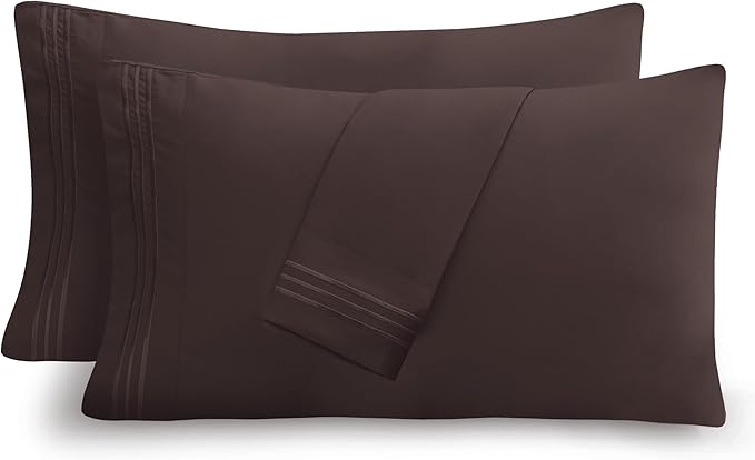 Mocassi 2-Piece Premium Standard/Queen Pillowcase Set 1800 Series Hotel Quality Microfiber - Soft and Breathable with 3-Line Embroidery Wrinkle and Stain Resistant, Easy Care, 20" x 30", Brown