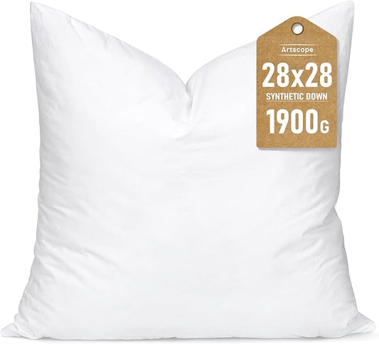 Artscope Synthetic Down Pillow Insert, 28x28 Down Alternative Throw Pillow Insert. Ultra Soft Fluffy Sleeping Pillow with 100% Cotton Cover, Decorative Pillows-White.