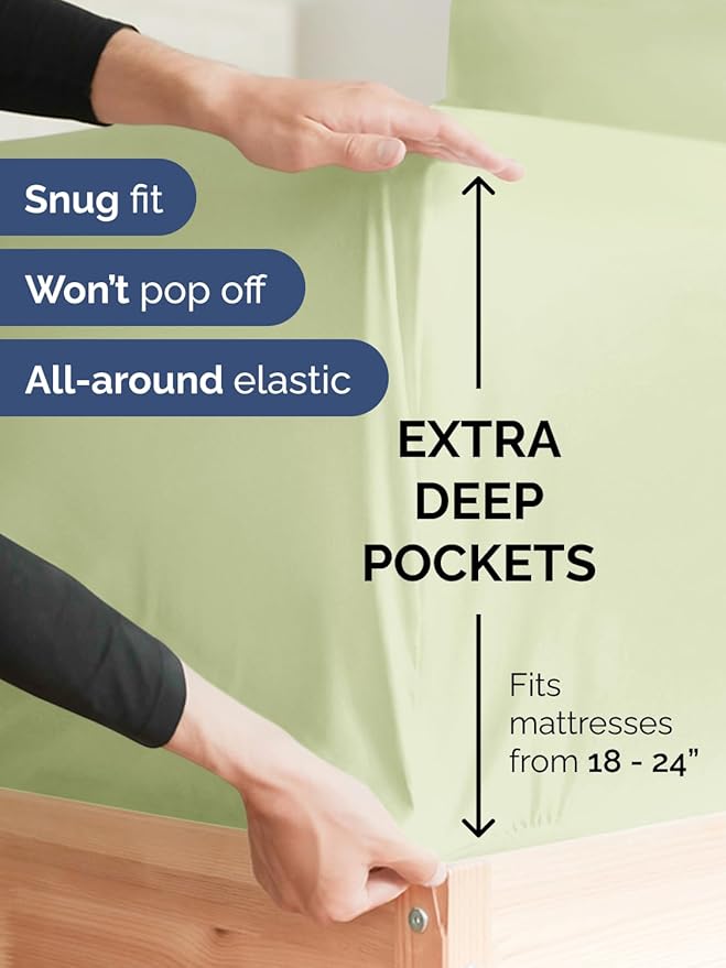 Extra Deep Twin Sheet Set - 3 Piece Breathable & Cooling Bed Sheets - Easily Fits 18 to 24 inch Mattress - Soft, Wrinkle & Fade Free with Extra Deep Pockets - Hotel Luxury Bedding - Light Sage Green