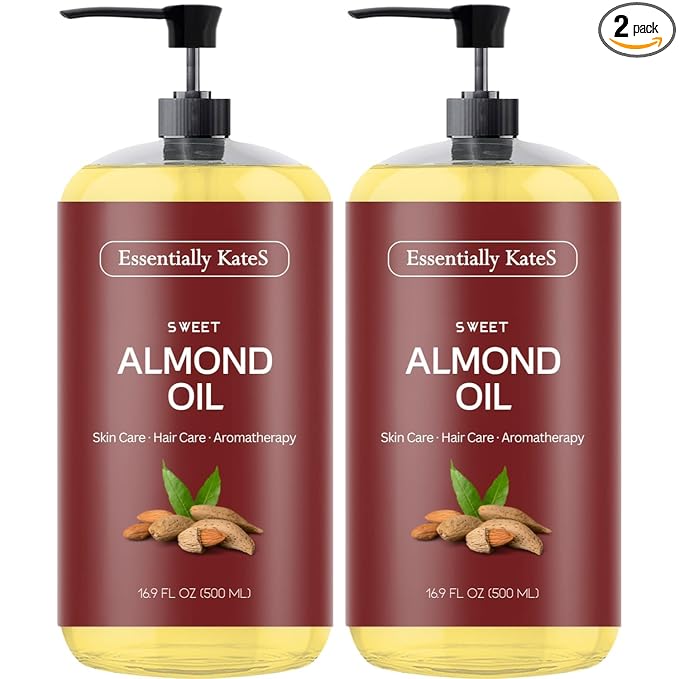 Essentially KateS Sweet Almond Oil 33.8 Fl Oz - Pack of 2 x 16.9 Fl Oz - 100% Pure and Natural - Conditioning, Moisturizing & Nourishing - No Greasy Feel - A Natural Vit. E source