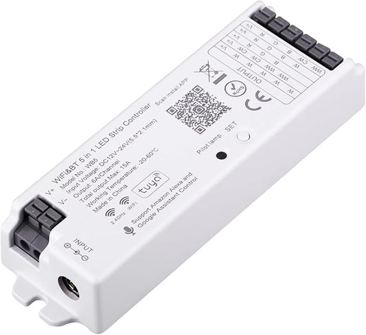 5 in1 WB5 2.4GHz WiFi PWM LED Controller Compatible with Alexa/Google Home/Tuya Smart Life APP Control for Dimming CCT RGB RGBCCT RGBW LED Strip Match WR01RF WR02RF etc RF Remote