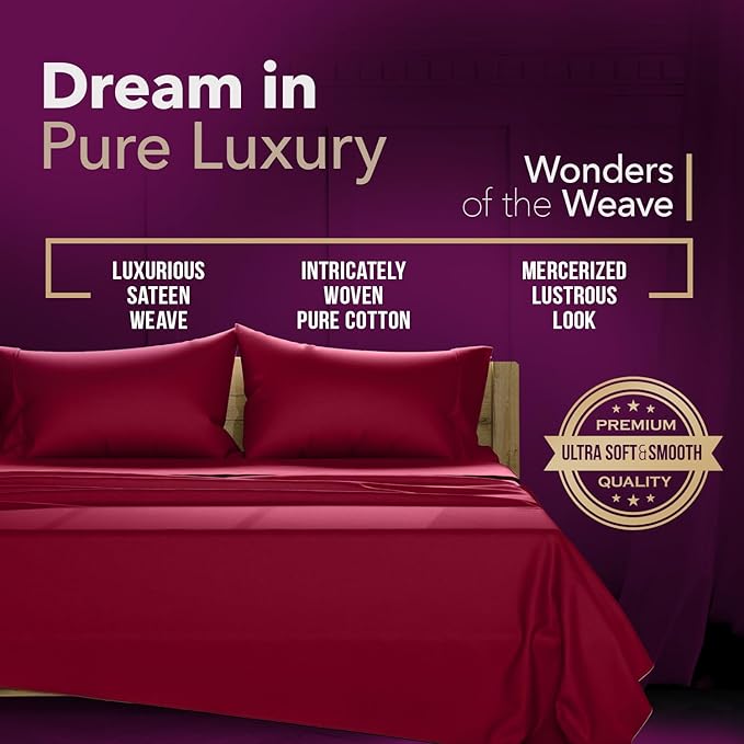 TEXAS LINEN CO. 100% Egyptian Cotton Sheets California King Size Bed Set - Luxury 1200 Series Star Sleepin' Collection Cal King Sheet Set (4 PC, Burgundy), Cooling, Sateen, 17" Deep Pocket Bedsheet