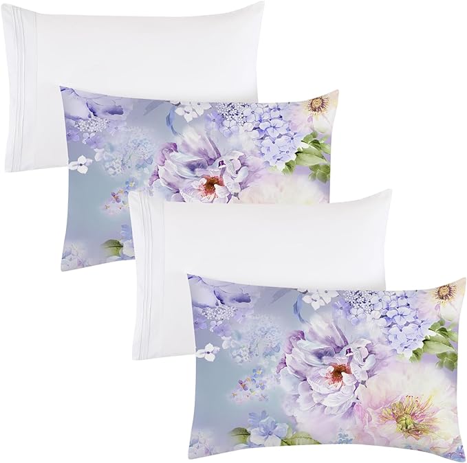 YIYEA Pillow Cases Standard Size Set of 4, Ultra Soft 1800TC Hotel Quality Double Brushed Microfiber Embroidered Pillowcases and Floral Pillow Covers, Envelope Closure, Fade Resistant (20"x26")